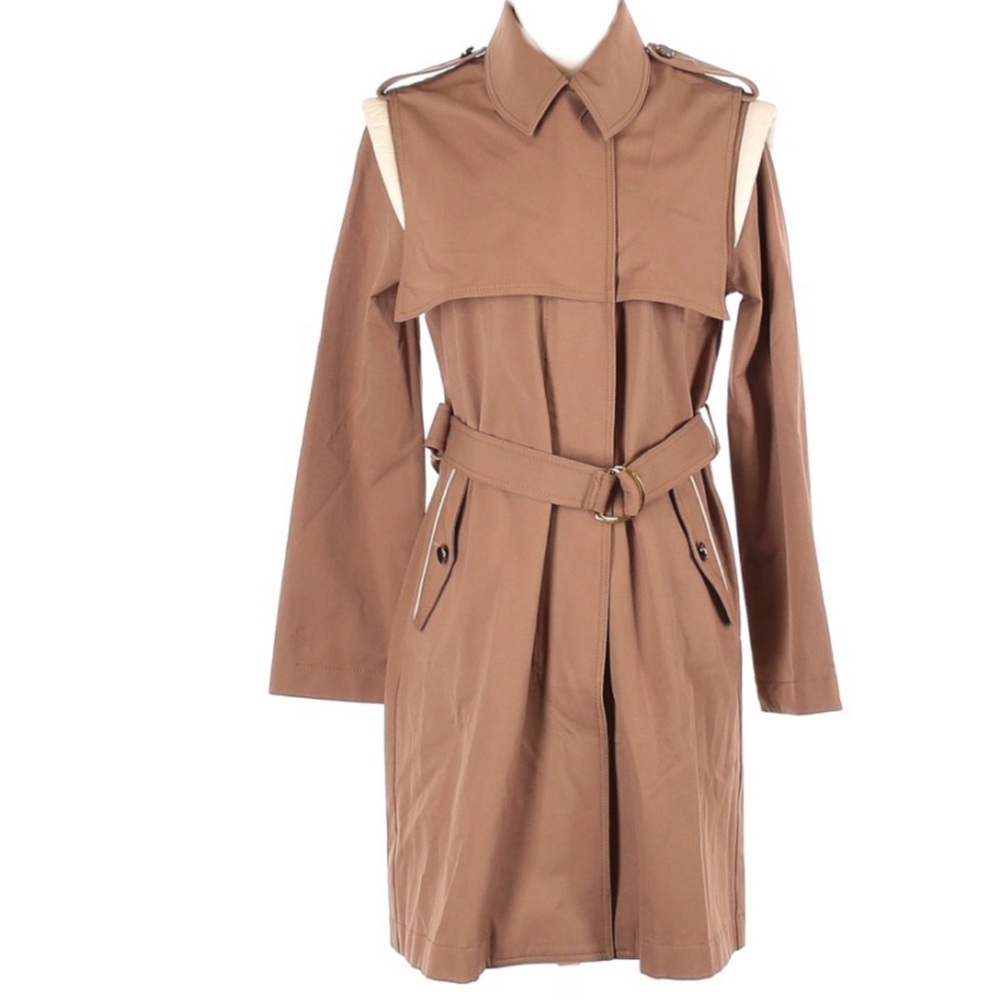 Rebecca Minkoff Khaki Tan Trenchcoat Coat with Lamb leather Trim Sz 4